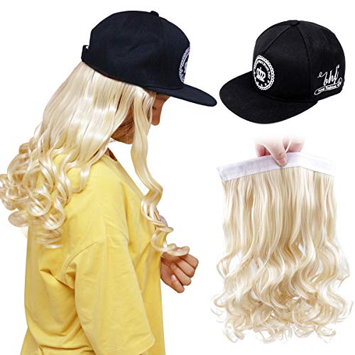 Long Body Wave Wig With Black Adjustable Baseball Cap, Curly Wavy Synthetic Hair Extensions Attached Removable Hat (Blond 613)