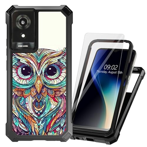 DHYYDSQZ for TCL K24 Phone Case for TCL K24 T434D T434W /K23 with Tempered Glass Screen Protector Heavy Duty Dual Layer Hybrid TPU Bumper Colorful Owl Shockproof Protective Cover for TCL K24 2024