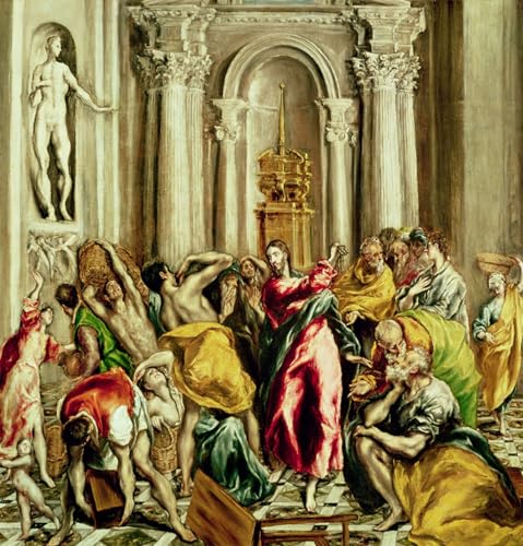 Pintura mural de Jesús expulsando a los mercaderes del templo El Greco póster sobre lienzo 60x90cm