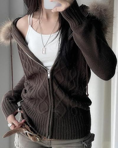 CORIRESHA Women's Vintage Faux Fur Trim Hoodie Sweater Zip Up Cable Knit Slim Y2k Cardigan2