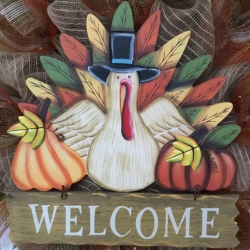 Thanksgiving Wood Turkey Welcome Wreath Burlap and Deco Mesh. Available in 24 inch and 28 inch diameters