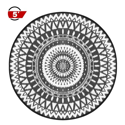 Image of NUU GARDEN Round Outdoor Rug for Patios Plaid Reversible Patio Rug, Plastic Straw Indoor and Outdoor Round Rug for Outdoors, RV, Backyard, Deck, Picnic, Beach, Trailer, Camping, 5 x 5 ft
