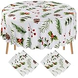 Oudain 6 Pack Christmas Table Cover 84 Inch Round Holly Berry Decorative Tablecloth Disposable Plastic Tablecloth for Christmas Party Holiday Xmas Dining Home