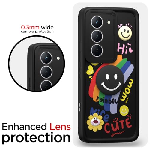 Image of Pikkme Back Cover for Realme Narzo 80x 5G / Realme P3x 5G / Realme 14X 5G | Soft Silicone| Cute Rainbow Smile & 3D Cartoon Flower Design | Shockproof Raised Camera Protection Bumper Case (Black)