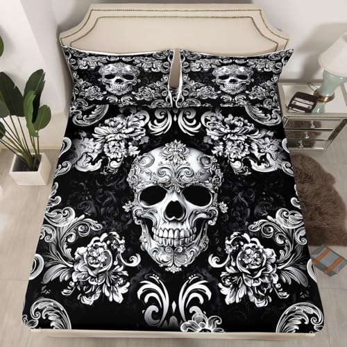Halloween Flower Skeleton Fitted Sheet,Full Size Bohemian Victorian Style Retro Floral Collections,Gothic Skull Bedding Deep Pocket for Children Teens Young with 2 Pillowcases(No Flat Sheet)