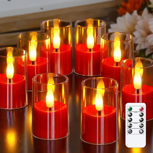 Image of Yeelida 8pcs Battery Operated 1.7 inch x2.5 inch Clear Acrylic Remote LED Tea Lights, Flameless 2 /4 /6 /8h Timer Fake Red Bulk Votive Candles with Batteries, Flickering Warm Light Pure Plastic Tealights