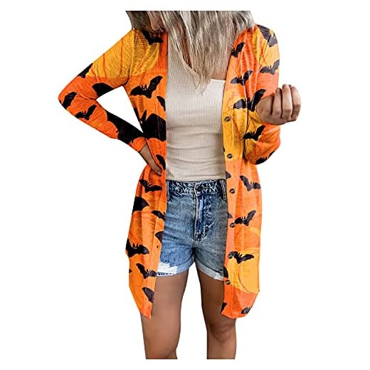 Briskorry Halloween damer kofta lång lätt kofta knapp öppen front tunn stickad kappa för höst och vinter långärmad kappa ytterkläder, GUL, 3XL
