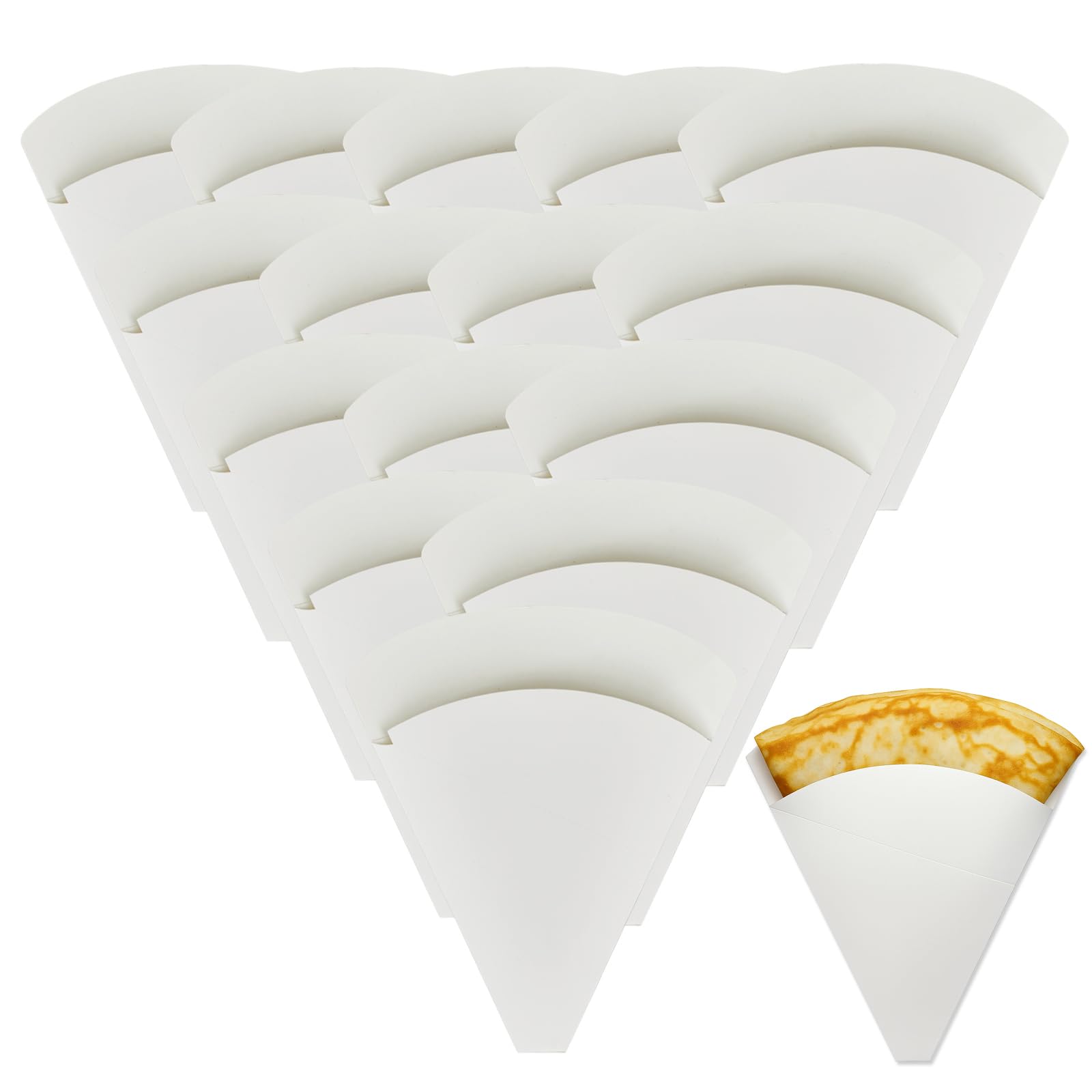 Threehoney 200 Pcs 7 x 8 Inch French Crepe Holder, Disposable Perforated Crepes Holder Paper Wrappers, Food Safe Cardboard Cones for Snack Takeaway, Food Trucks, Catering, Catering & Parties (White)