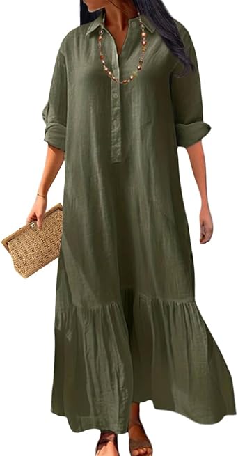 Linen Blend Dress Women Long Sleeve Button Maxi Shirt Dress Lapel Collared Dress Loose Swing Dress Maxi