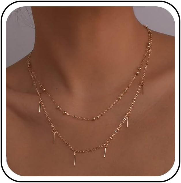 Andelaisi Boho Layered Satellite Chain Necklace Choker Tiny Bar Dangle Necklace Vintage Beaded Chain Necklace Mini Bar Pendant Necklace Jewelry for Women(Gold)