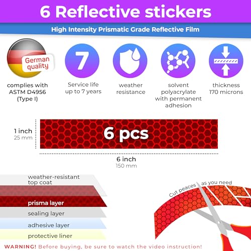 Image of LOOM Reflective Stickers for Helmet | 6pcs Prism red | Similar to 3M Reflective Tape | Bike Reflectors for Night Riding, Mailbox reflectors | Waterproof hi vis Decals for Car, Trailer