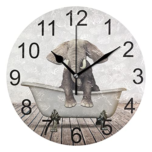 J JOYSAY Bathroom Wall Clock Silent Non Ticking Wall Clock Decorative Battery Operated Rustic Bathtub Elephant Clock for Bathroom Home Office Bedroom Kitchen Art Clock, 9.8 Inch