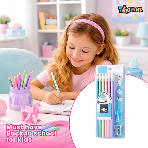 Image of Toyshine Triangular HB Pencil Set with Erasers on Top | Pack of 12 Writing Pencils with Sharpener & Pencil Cap | Comfortable Grip School Stationery for Kids & Students Birthday gift return gift