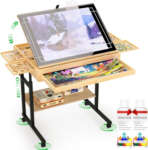 CEDARDVD Wooden Puzzle Table with Storage for 300-1500 Piece Puzzles – Adjustable Height & Tilt,