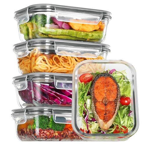 Vtopmart Lot de 5 650ml Lunch Box Verre, Boite Alimentaire Verre, Boite en Verre avec Couvercle Alimentaire, Meal Prep Containers, Compatible Micro-ondes,...
