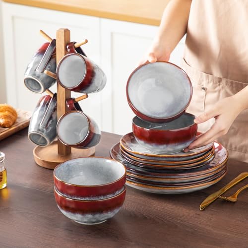 Image of vancasso Starry 16 Pieces Dinnerware Set for 4, Handmade Reactive Glaze Stoneware Plates and Bowls Set, Dishes Set with Mugs for 4, Microwave & Dishwasher Safe, Red