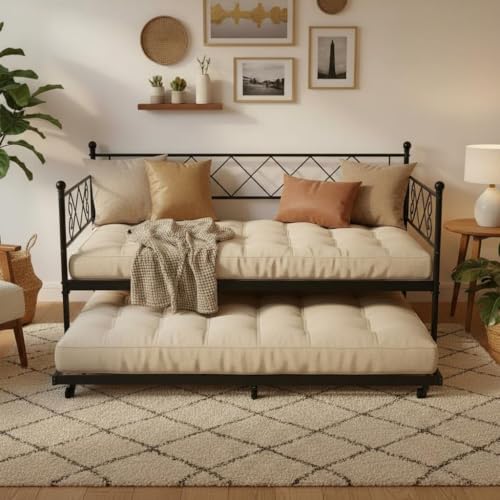 Garvee Daybed with Trundle, Trundle Bed Twin with Heart-Shaped Headboard, Sturdy Metal Sofa Bed, Heavy-Duty Metal Bed Frame Support, for Living Rooms,
