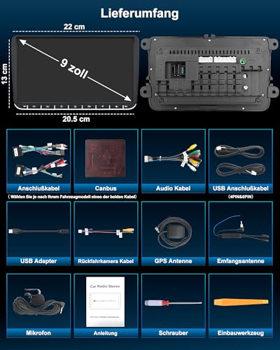 VW Autoradio mit Bildschirm 2+64GB für Golf 5 6 Polo T5 Passat Touran Seat Skoda, 2Din Bluetooth Auto Radio mit Navi DAB WLAN FM/AM, Apple Carplay, Android Auto, Lenkrad Strg,Android 14 (9 Zoll)