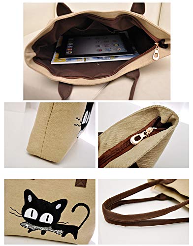 MINGZE Frauen Schulter Beutel, Segeltuch Tasche Maedchen Niedliche Katze fressen Fische Einkaufstaschen Handtaschen Strand Taschen Handtaschen (Schwarz grau)