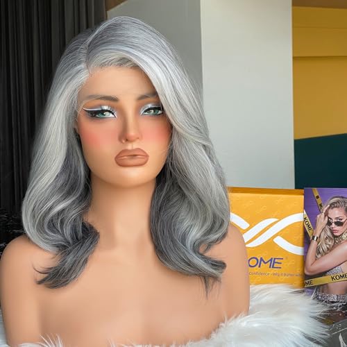 KOME Grey Synthetic Lace Front Wig,13X5X1 Shoulder Length Body Wave