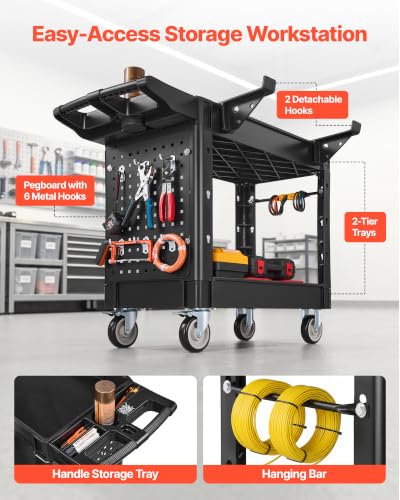 Image of VEVOR Heavy Duty Utility Cart with Tray & Pegboard, 550 LBS 2 Tier Service Cart with 360 Swivel & Fixed Wheels (2 with Brakes), Plastic Rolling Cart, Tool Storage for Garage Warehouse Workshop
