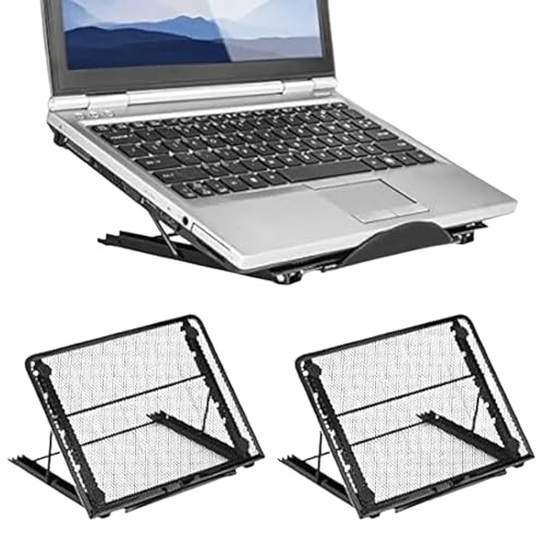 Image of Tithu Mart Metal Mesh Adjustable Laptop Stand, Ventilated Stainless Steel Laptop Holder, Ergonomic Height Adjustable Desk Stand, Portable Cooling Laptop Riser for Universal Laptops (Black)