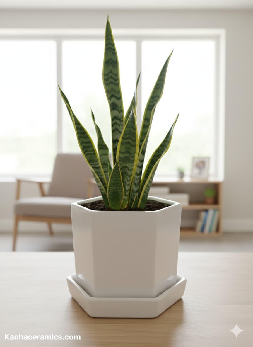 Ceramics White Hexagonal Ceramic Planter with Plate Saucer, Modern Matte Finish, Indoor Plant Pot-image-20