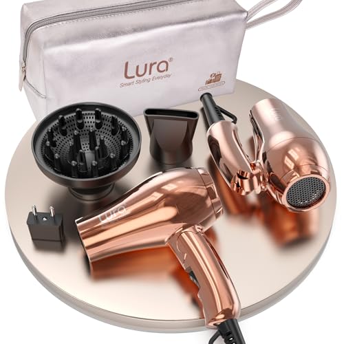 LURA Dual Voltage Travel Hair Dryer with Diffuser,Travel Blow Dryer Mini with EU Plug and UK...