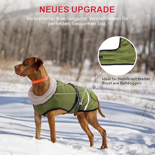 Woiil Hundemantel Wintermantel, Hundejacke Wasserdicht für Grosse Hunde mit Verstellbaren Schultergurten, Warm Hundemantel aus Fleece, Reflektierende Streifen,Geeignet für Labrador Olivgrün, XL