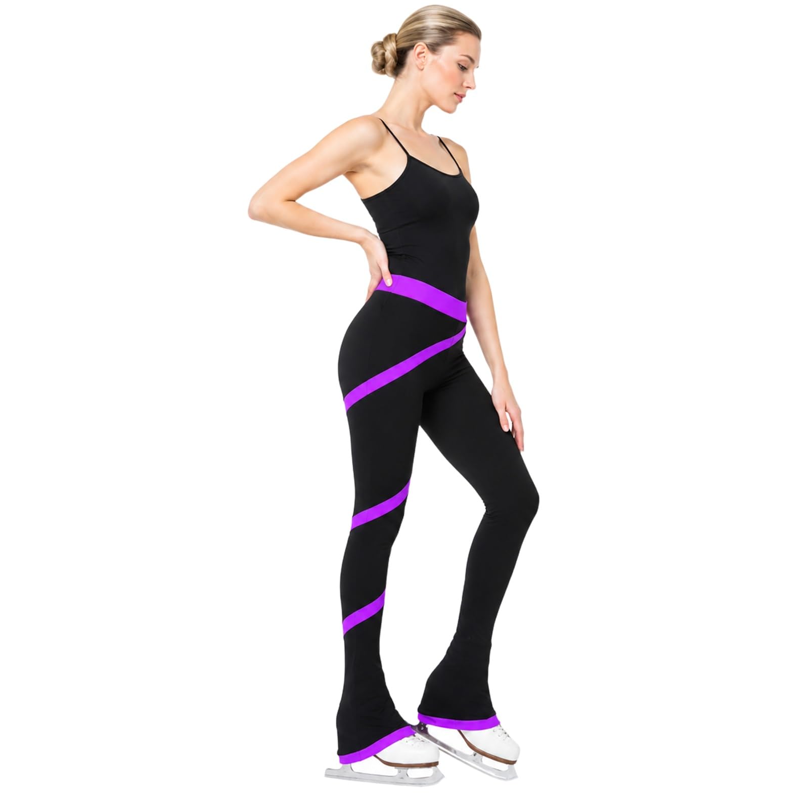 Pantaloni Pattinaggio Donna Teen Banda Spirale Bootcut | Maglia elasticizzata, vita ampia e fondo sopra pattino aiutano movimenti fluidi in prova, pista e studio.