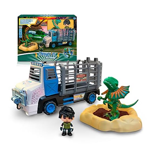 Pinypon Action - Rescate del Dinosaurio Dilophosaurus, set con un camión de juguete, figura de explorador, muñeco dino que escupe agua cuando aprietas, base del pozo y arena mágica, Famosa (700017398)