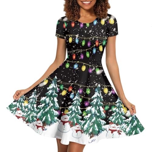 Image of POLERO Women Puffy Swing Elegant Party Midi Dresses Short Sleeve Round Neck A-Line Dress