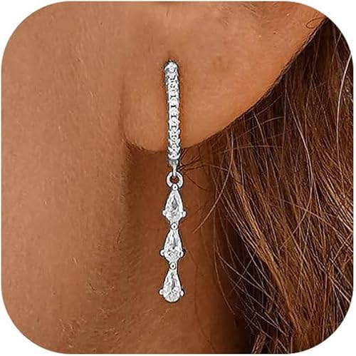 Dangle Earrings for Women Silver Diamond Hoop Earrings Dainty Cubic Zirconia Drop Earring Wedding Jewelry for Brides