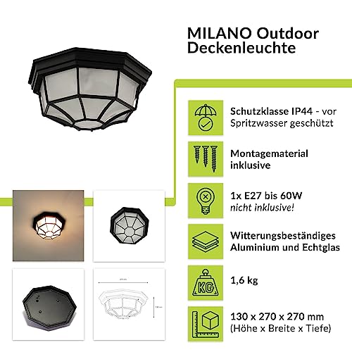 Deckenleuchte Glas Aluminium Schwarz IP44 Garten Terrasse B:27 cm E27 blendarm Rustikal Maritime Outdoor Deckenlampe Balkon MILANO