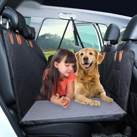 Anyoupin Back Seat Extender for Dogs, Detachable Hard Bottom Dog Car Seat Cover for Back Seat, Waterproof Dog Hammock with Mesh Window for Dog Bed for Car, Truck, SUV (Black) Cover