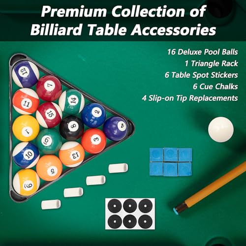 Billiard Pool Balls with Triangle Ball Rack, Cue Chalks, Table Spot Stickers & Tip Replacements - Pool Table Accessories