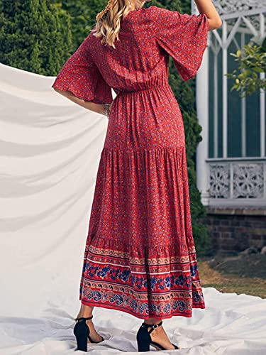 Women's Summer Casual Maxi Dress Bohemian Floral V Neck Puff Short Sleeve Ethnic Style Beach Tiered Sundress Long Swing Dress (Red, X-Large) - Image 3
