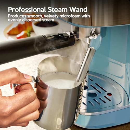 20 Bar Espresso Machine Semi-Automatic, Professional Coffee Maker with Milk Frother Steam Wand & 45OZ Removable Water Tank, Home Barista System for Cappuccino, Latte, Americano-Stainless Steel-Blue — view 4