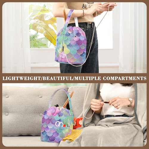 Image of ElliTarr Crochet Bag Yarn Bag with Handle Portable Knitting Project Bag Travel Yarn Storage Organizer Holder Case Watercolor Mermaid Scales Colors