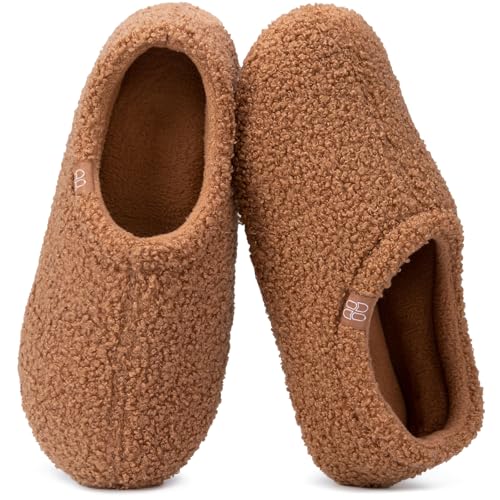 HomeTop Women's Fuzzy Curly Fur Memory Foam Loafer Slippers Bedroom House Shoes with Polar Fleece Lining (7-8 US,Tan)