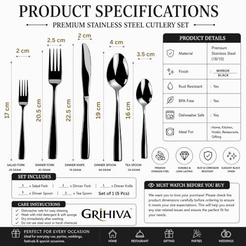 Image of 5 Pcs Black Cutlery Set for Dining Table the Perfect Mirror Polish Hevy Duty Tableware Including Dinner Spoon, Dinner Fork, Dinner Knife, Dessert Spoon & Dessert Fork