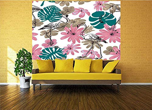 116X83 Inches Wall Mural,Flamingo And Flowers Exotic Garden Birds Animal Blooms Leaves Pattern Artwork Peel And Stick Self-Adhesive Wallpaper Removable Large Wall Sticker Wall Decor For Home Office #TOP1