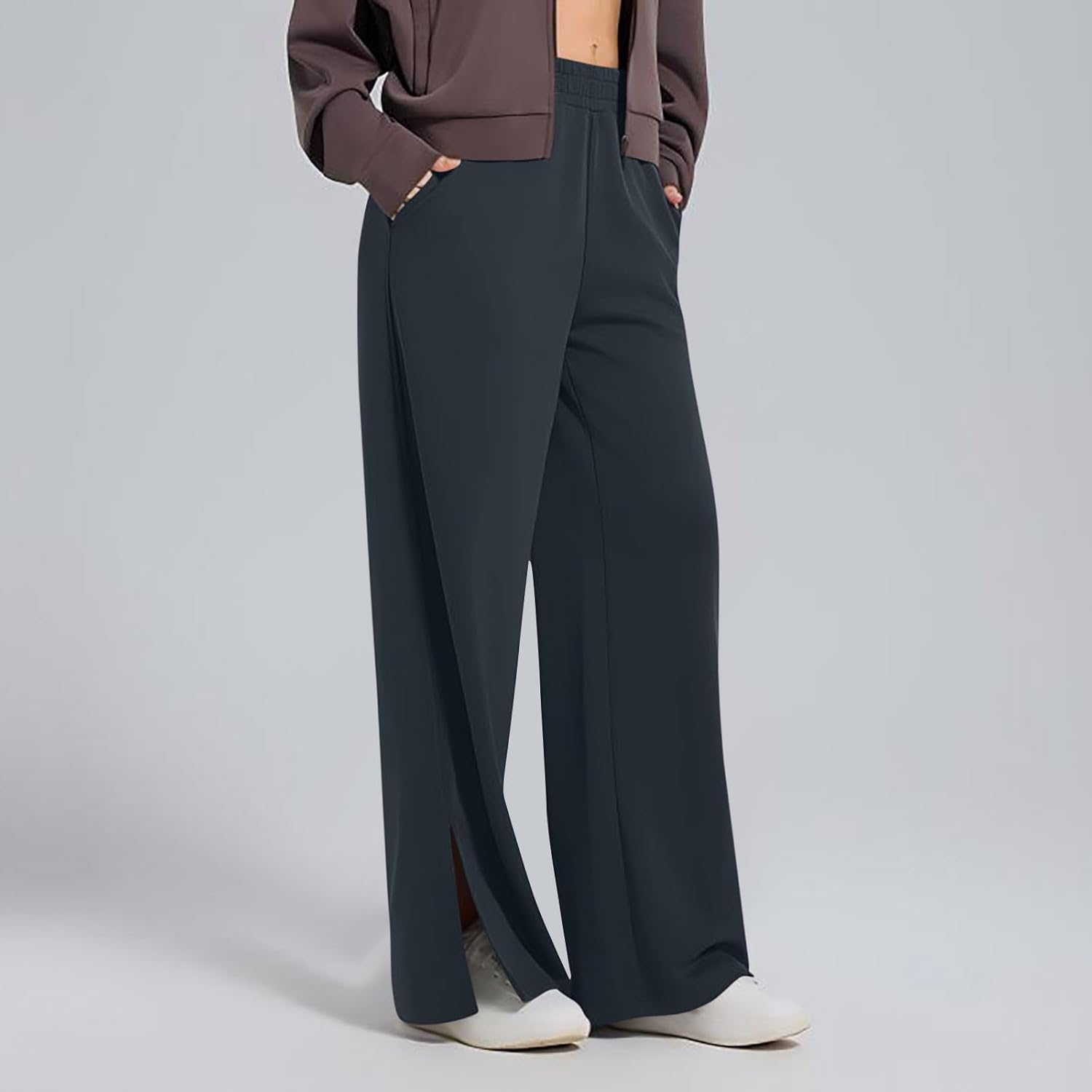 Women Wide Leg Palazzo Pants High Waisted Elastic Waist Trousers Flowy Split Hem Slacks Dressy Casual Lounge Palazzo