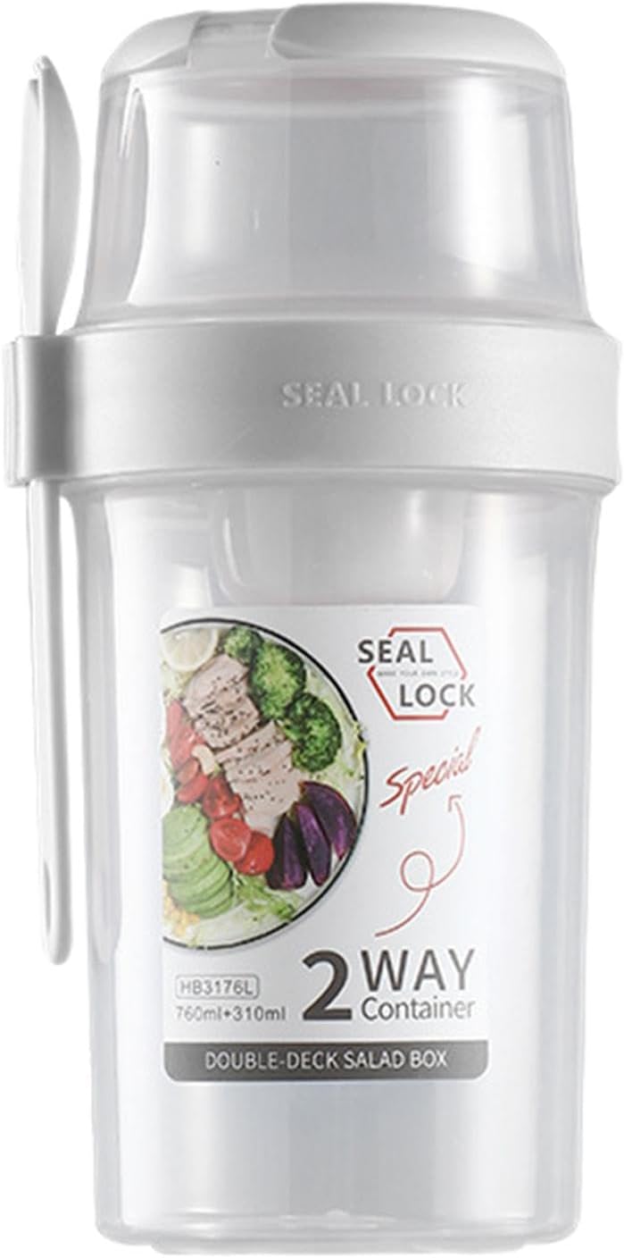 DeeRace Salad Cup and Fork, Dessert Cup, Multipurpose Portable Fruit and Vegetable Salad Meal Shaker, Cereal Cup for Barbecue Dorm Picnic, White