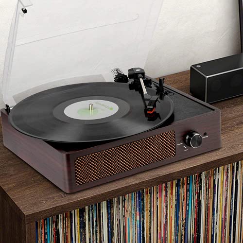 Bluetooth Record Player Belt-Driven 3-Speed Turntable, Vintage Vinyl Record Players Built-in Stereo Speakers, with Headphone Jack/ Aux Input/ RCA Line Out, Wooden (Brown) - Thumbnail 7