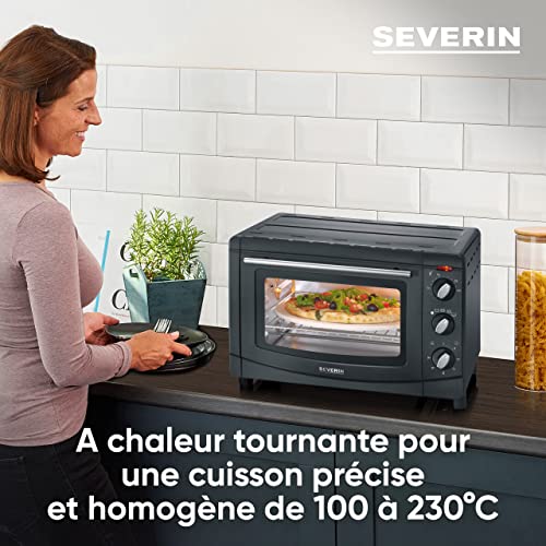 SEVERIN Mini-Four à chaleur tournante 20 L avec pierre à pizza et tournebroche, Four posable 1 500 W design simple et élégant, Mini-four électrique minuteur 60 min, Noir, TO 2068