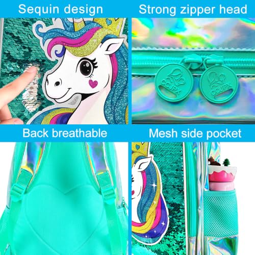 Image of CCJPX 16 inch Unicorn Backpack for Girls, 3Pcs Kids Sequin Bookbag with Lunch Box, Water Resistant Elementary School Bag for Kindergarten Preschool Toddler (Green)