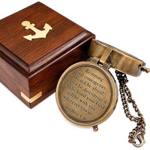 Brújula Be Strong and Courageous – Brújula magnética náutica antigua con grabado de escritura – Regalo de bautizo con estuche de madera para hijo, padre, esposo, ser querido