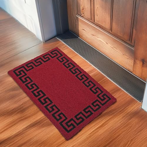 Image of Encasa XO Coir Door Mat for Home Entrance, Anti Slip PVC Back Greek Key Red