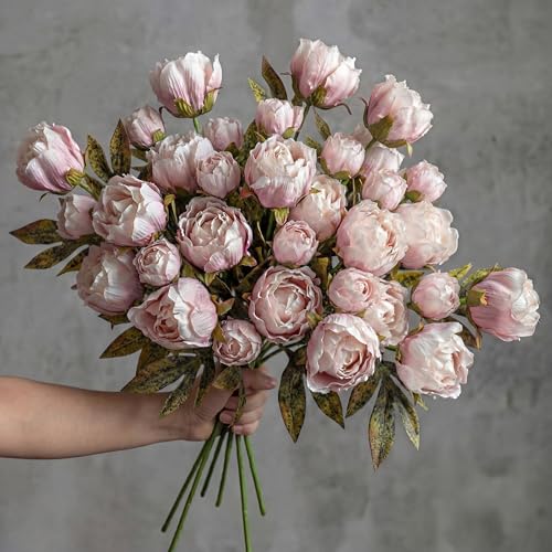 Thiccywoov Faux Silk Peony Artificial Flowers Stem for Vase 12 Pcs Brownish